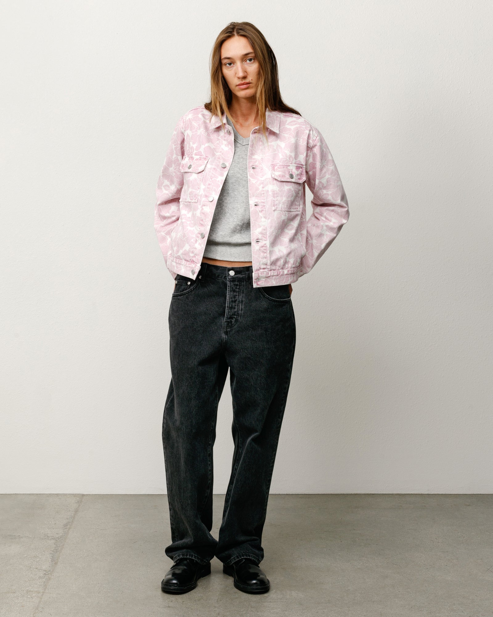 Printed Denim Trucker Unisex Long Sleeve In Pink Hawaiian