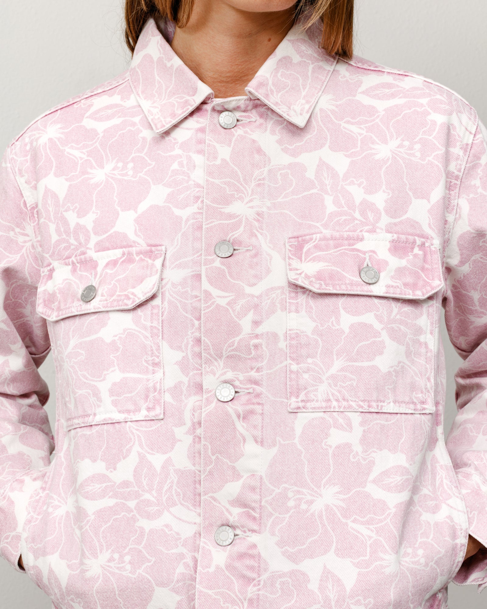 Printed Denim Trucker Unisex Long Sleeve In Pink Hawaiian