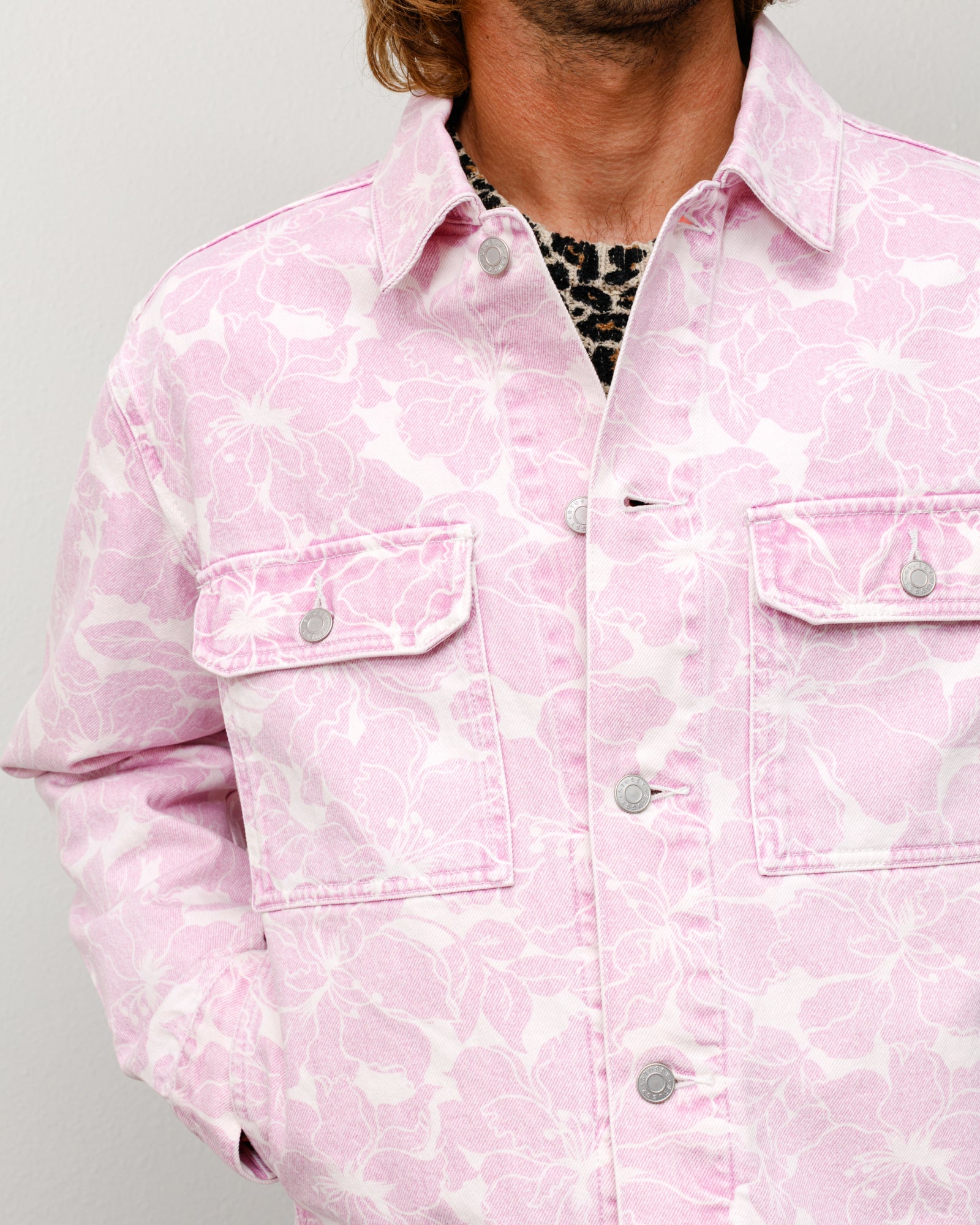 Printed Denim Trucker Unisex Long Sleeve In Pink Hawaiian