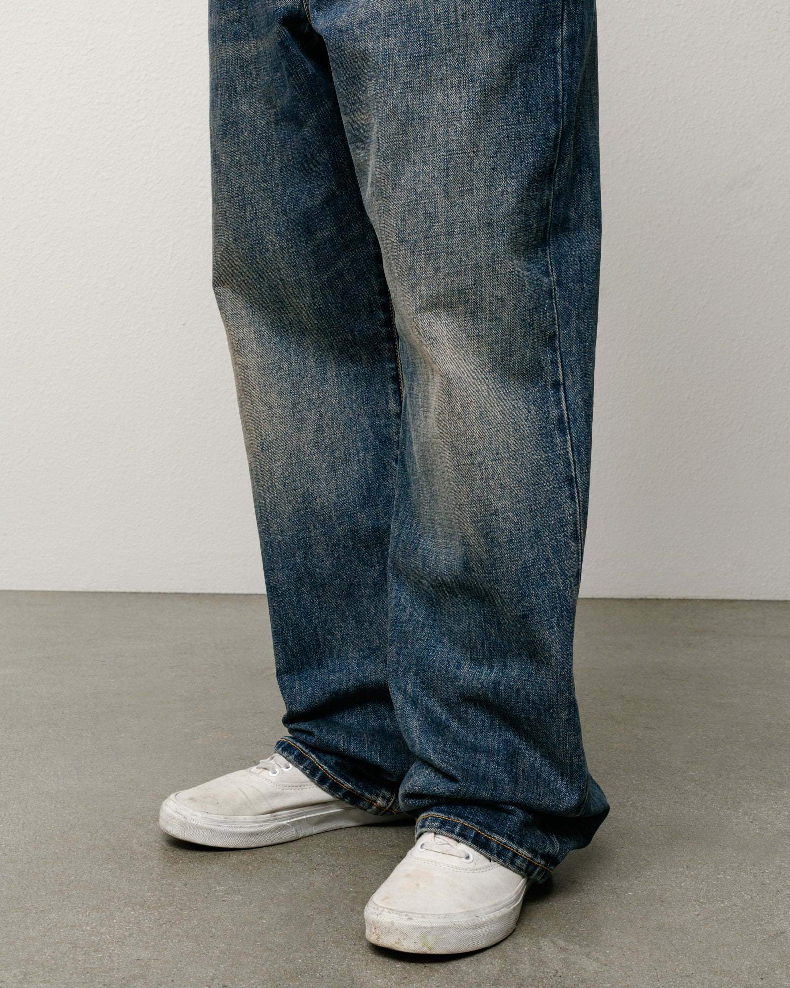 Big Ol Jean Slub Denim in Blue, relaxed baggy fit shown on model legs