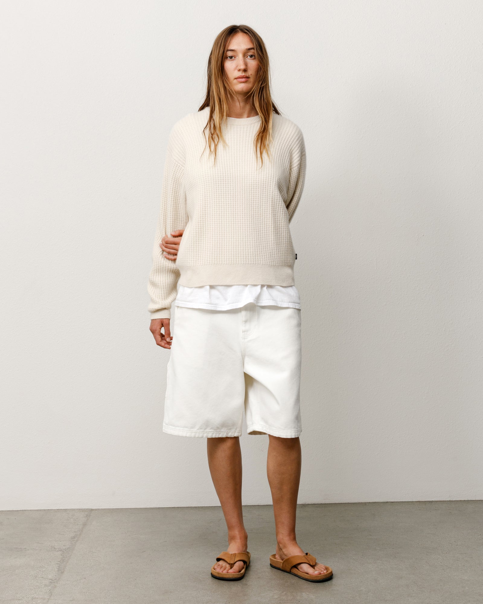 Waffle Cashmere Sweater Mens Long Sleeve In Natural
