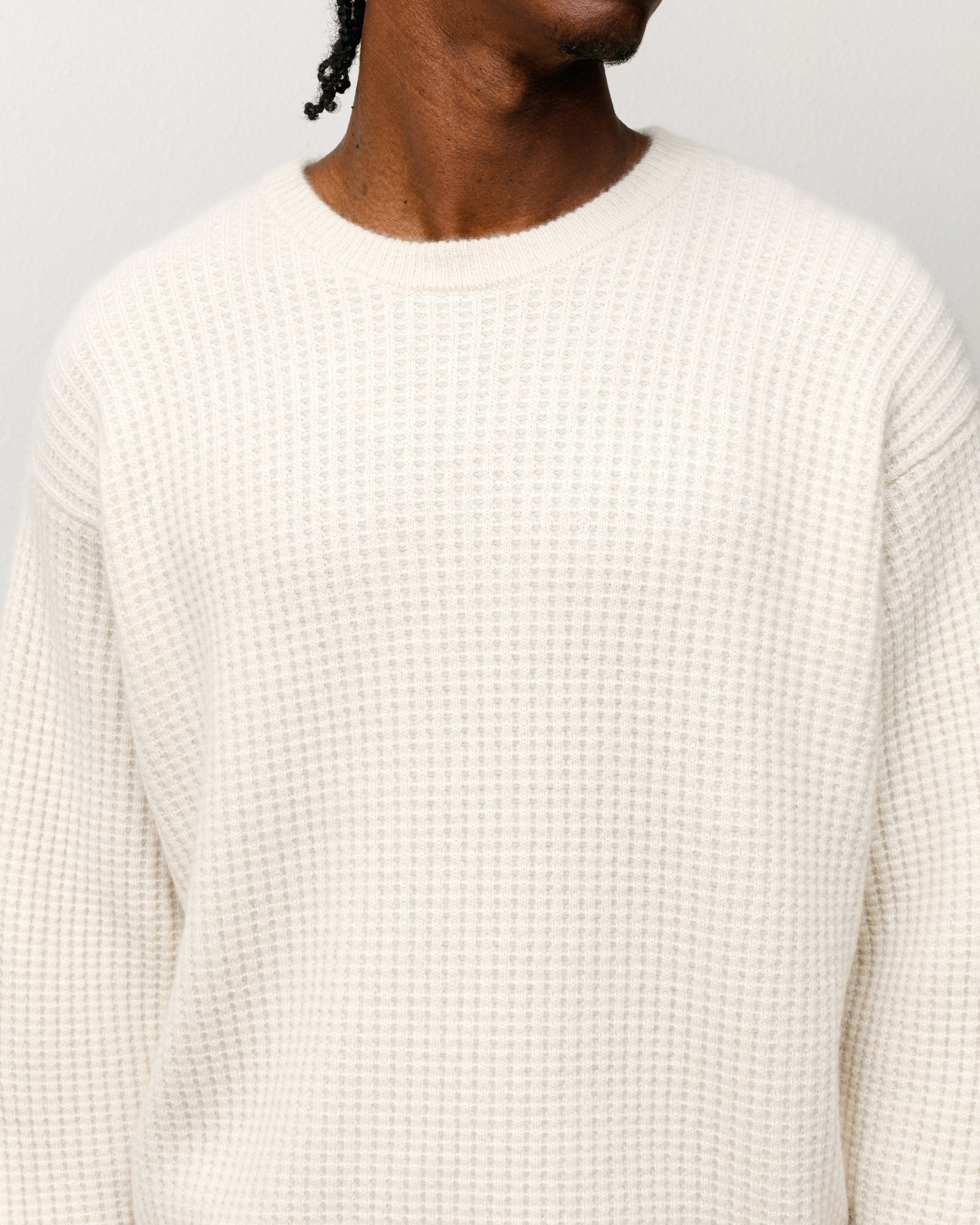 Waffle Cashmere Sweater Mens Long Sleeve In Natural