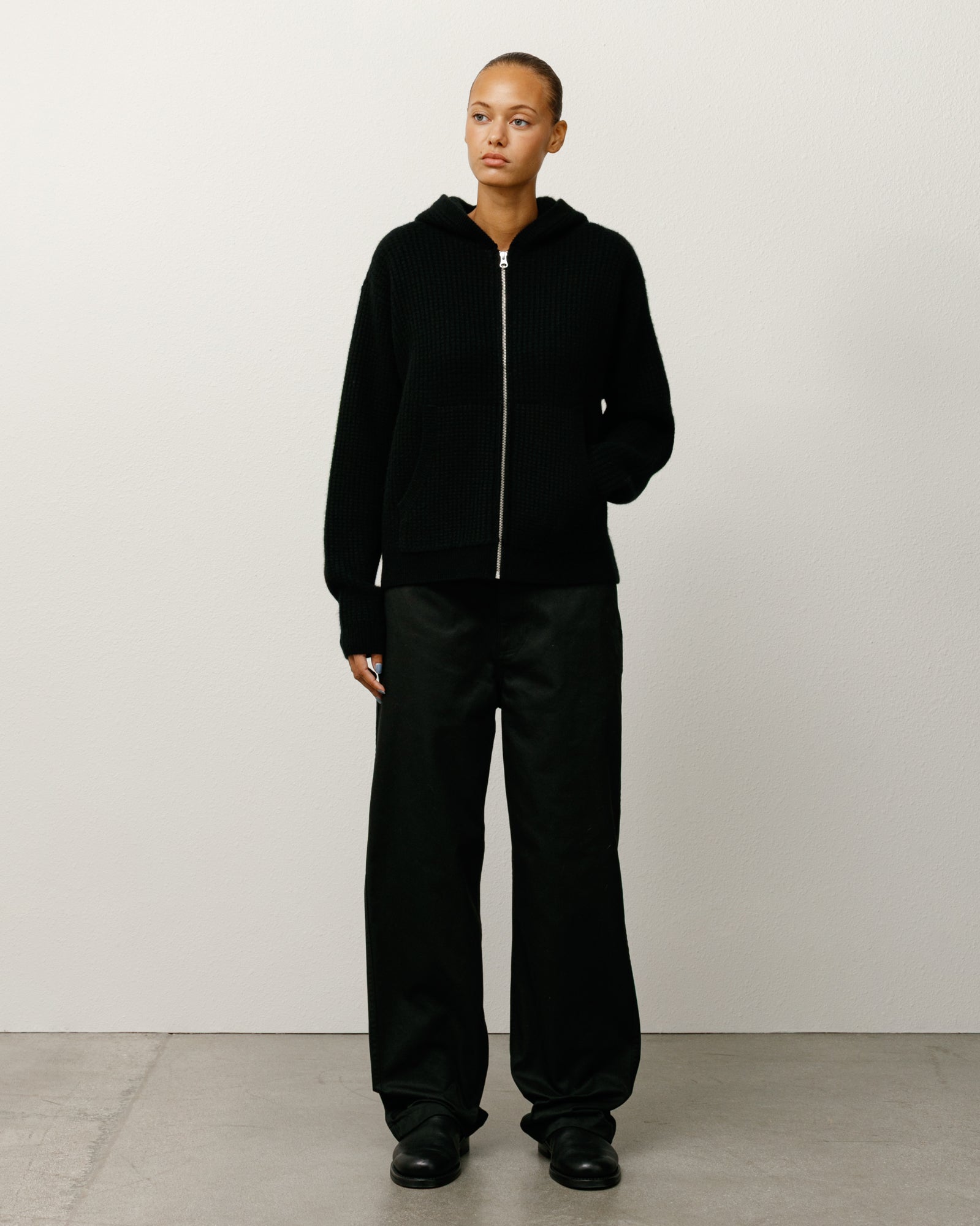 Waffle Cashmere Zip Hood Mens Long Sleeve In Black