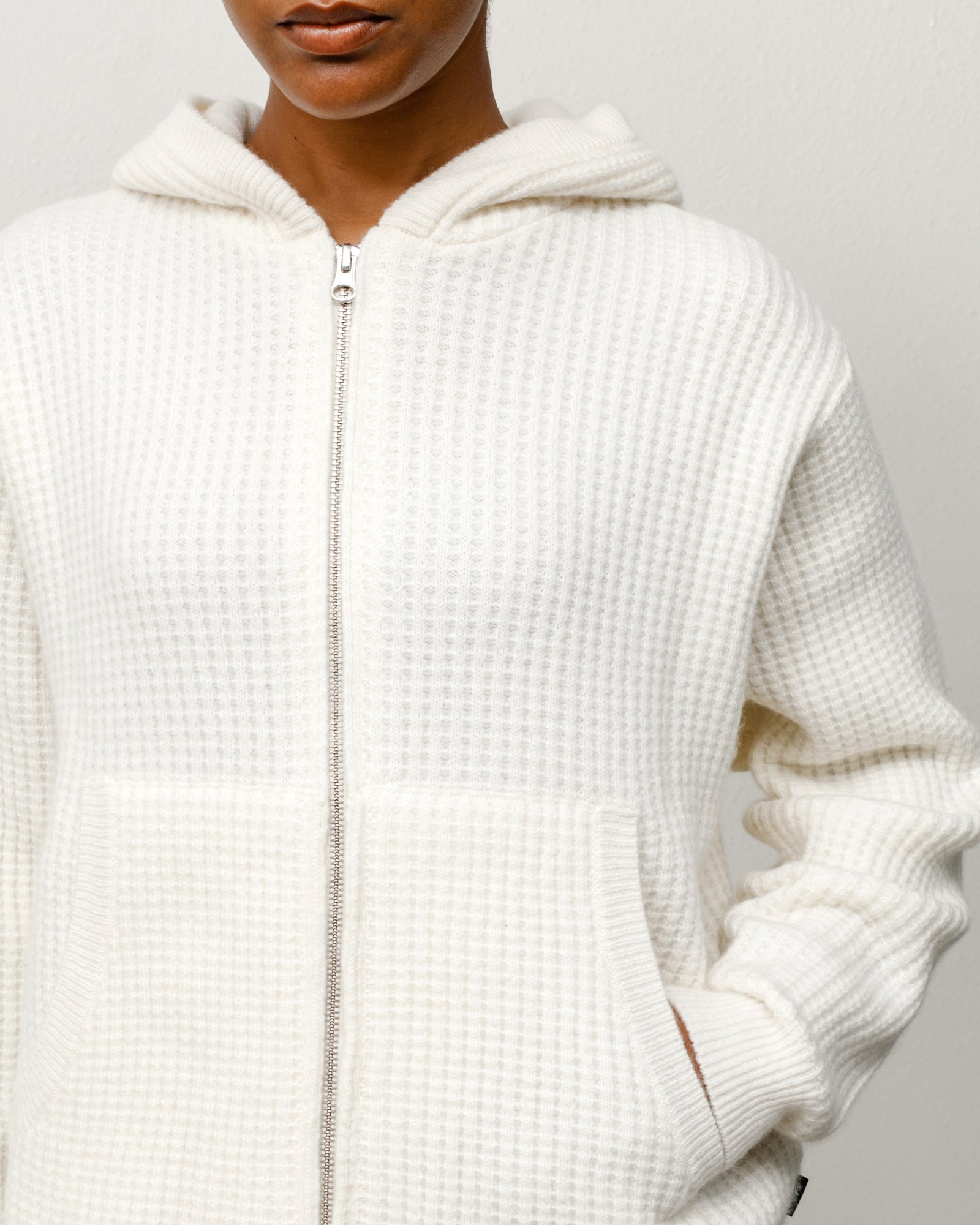 Waffle Cashmere Zip Hood Mens Long Sleeve In Ivory
