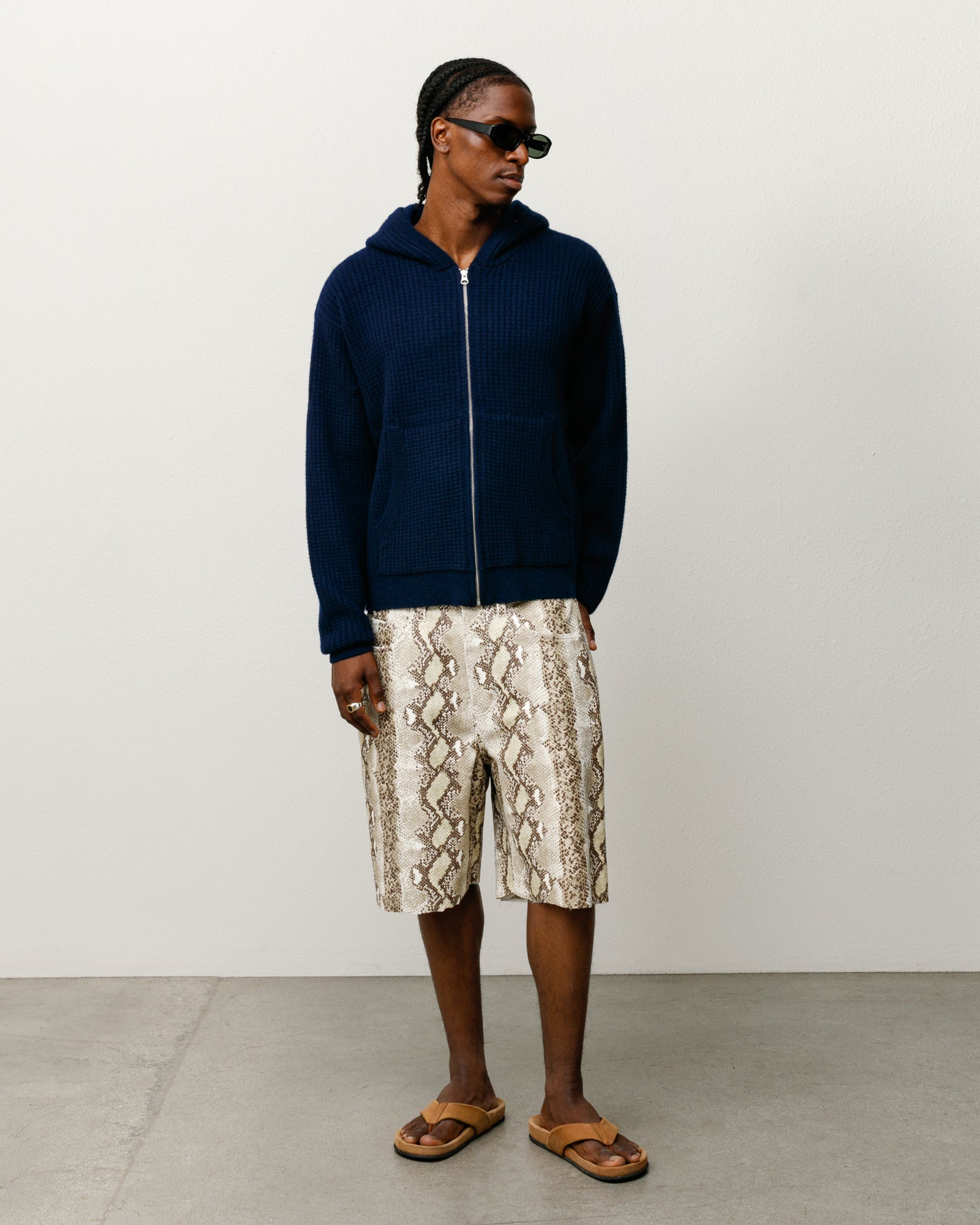 Waffle Cashmere Zip Hood Mens Long Sleeve In Navy