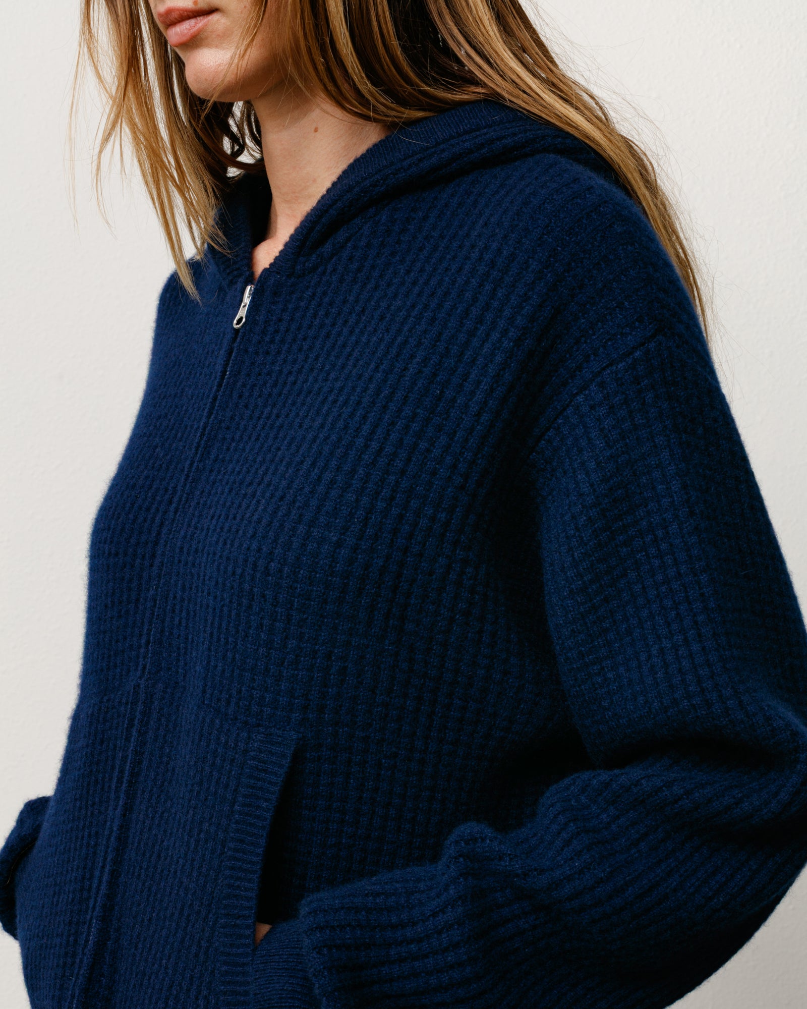 Waffle Cashmere Zip Hood Mens Long Sleeve In Navy