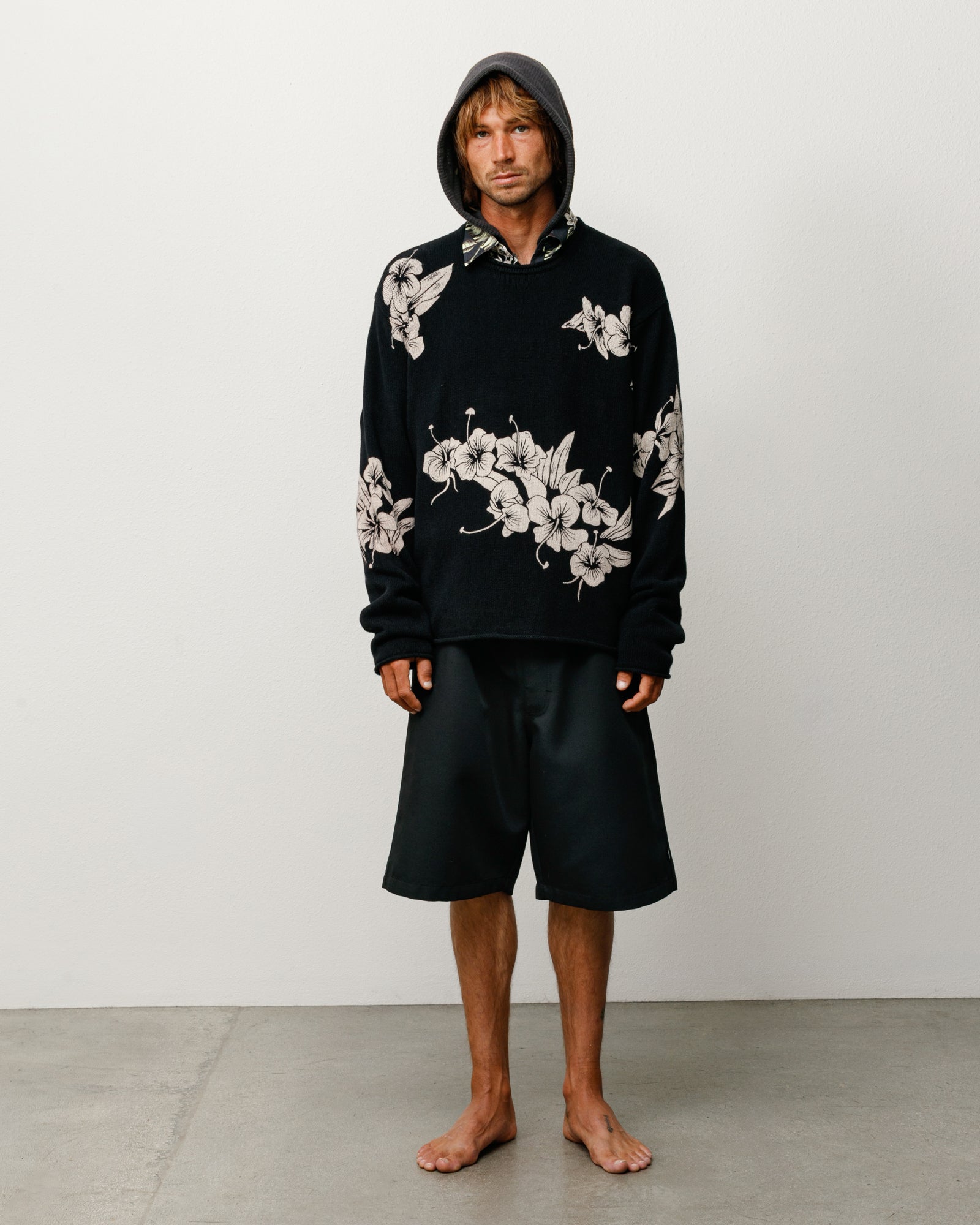 Floral Roll Neck Sweater in Black with allover floral knit, relaxed fit long sleeve