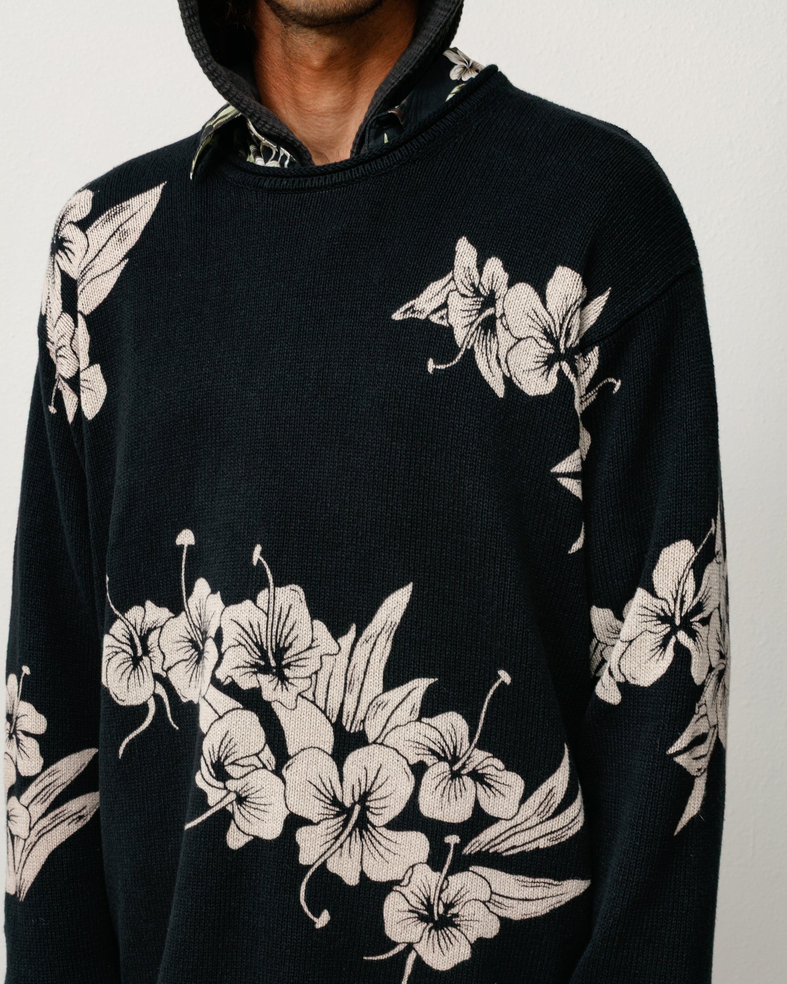 Floral Roll Neck Sweater in Black, long-sleeve unisex knit with contrast floral pattern