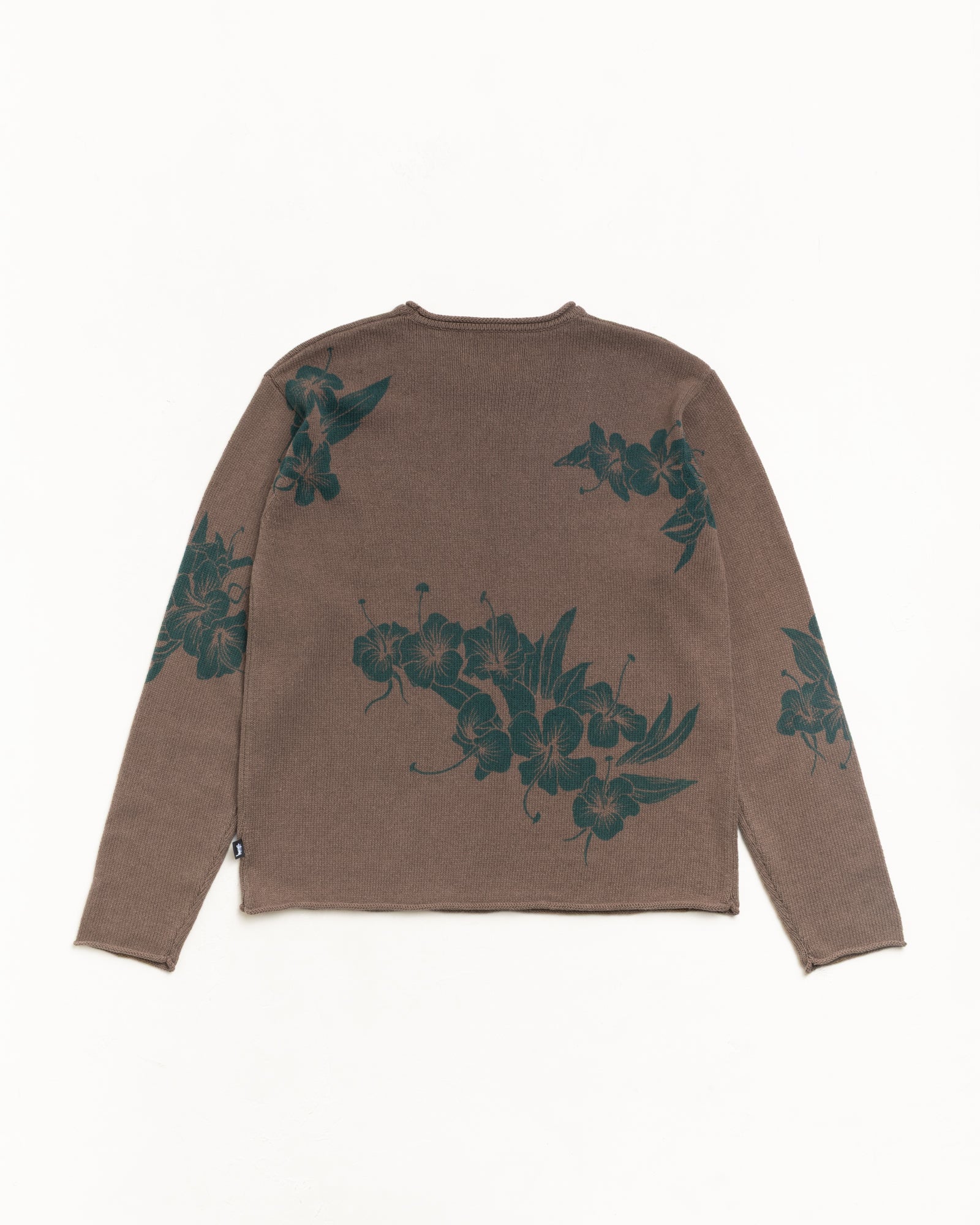 Floral Roll Neck Sweater in brown, back flat lay with green floral graphic knit
