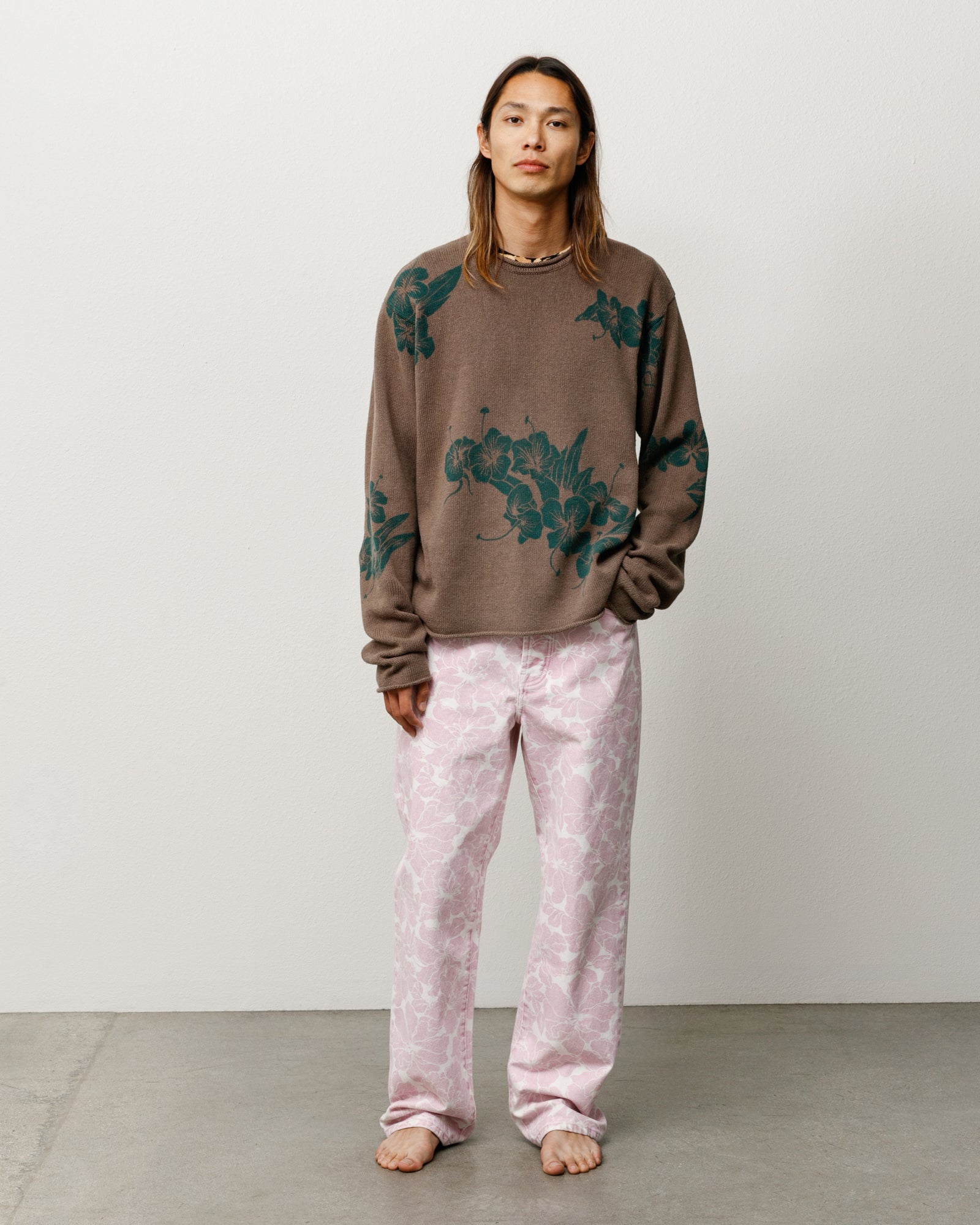 Floral Roll Neck Sweater in Brown, unisex long-sleeve knit with floral pattern
