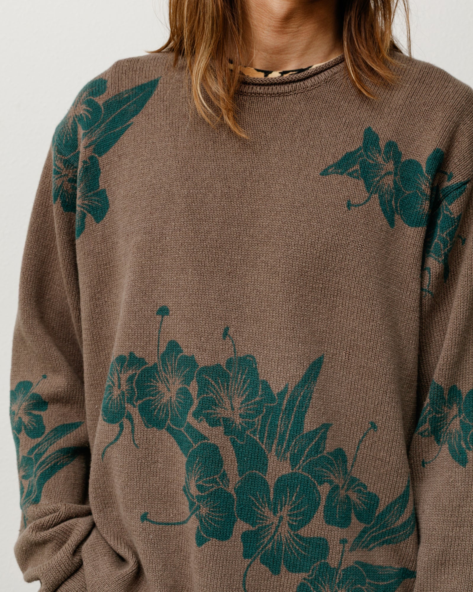 Floral Roll Neck Sweater in Brown with green floral knit, unisex long sleeve