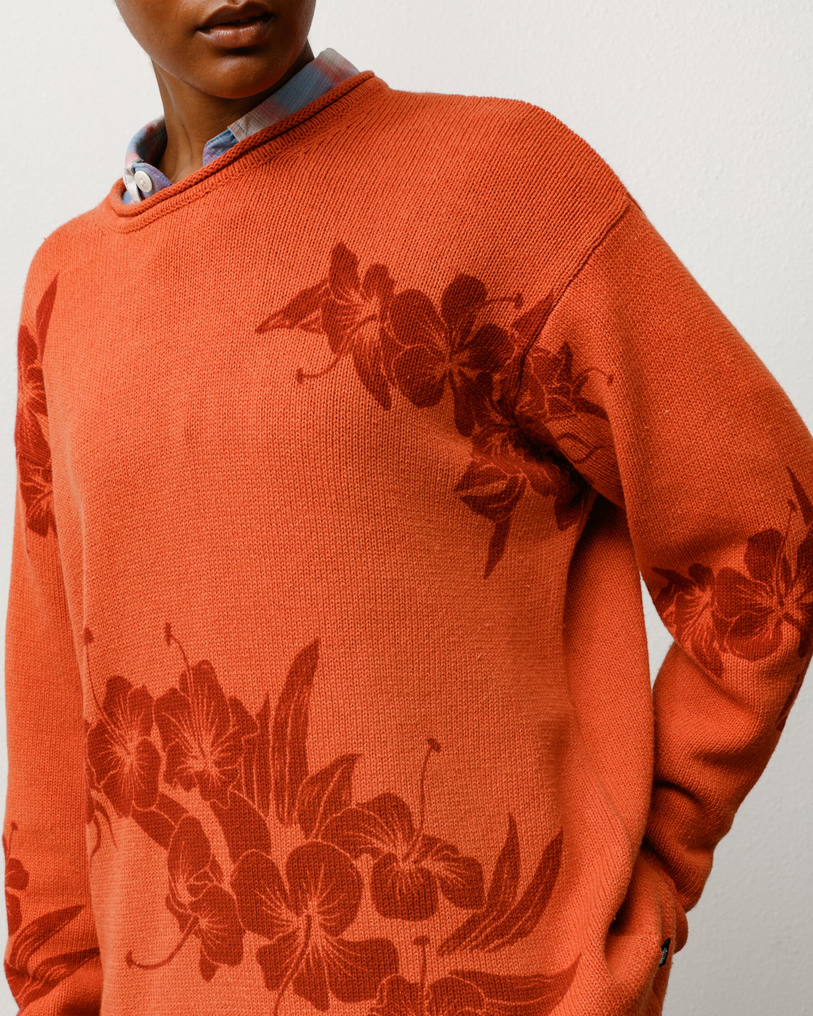 Floral Roll Neck Sweater in Rust with tonal floral knit and rolled crewneck, on-model close-up.