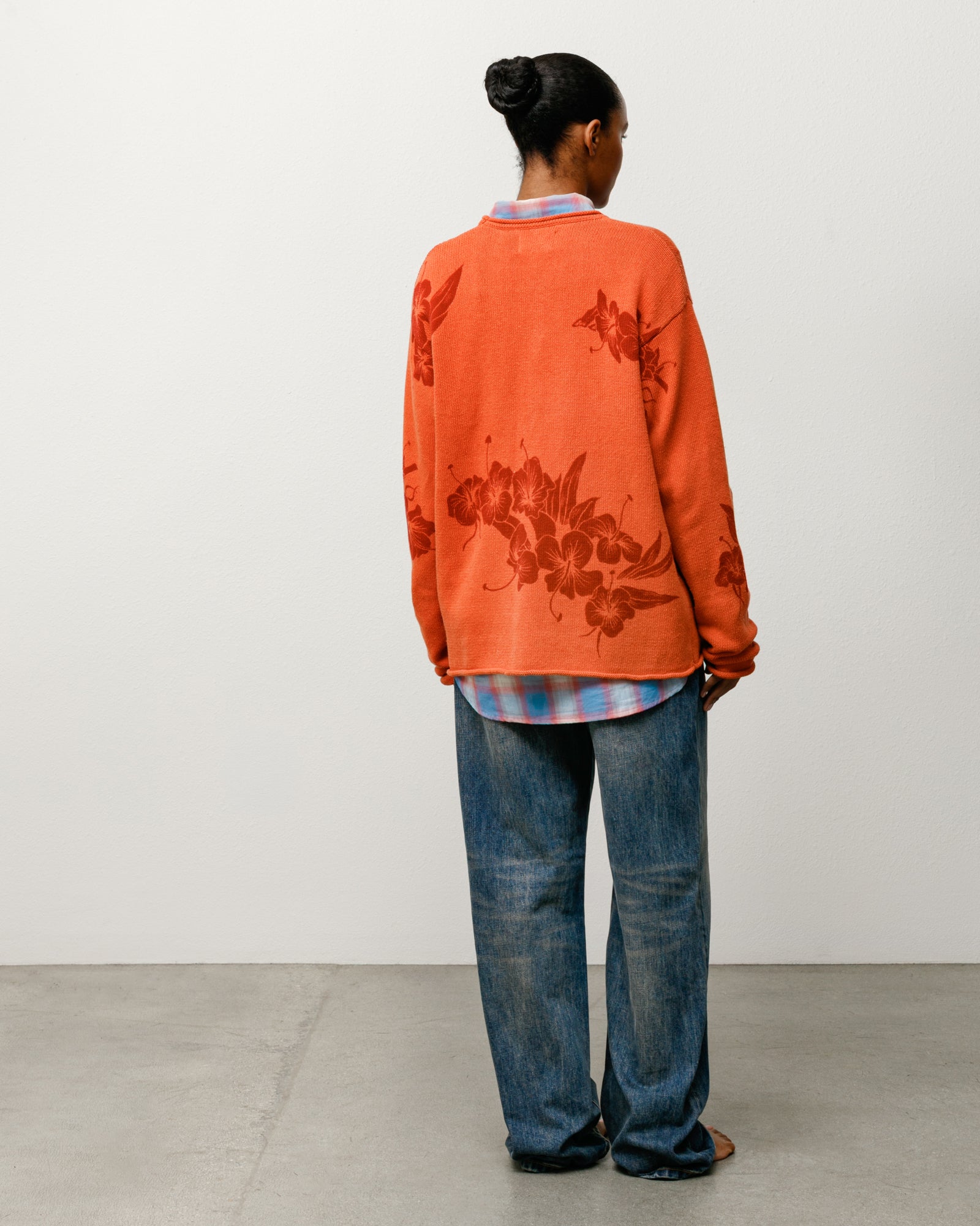 Floral Roll Neck Sweater in Rust, floral knit shown on model back view