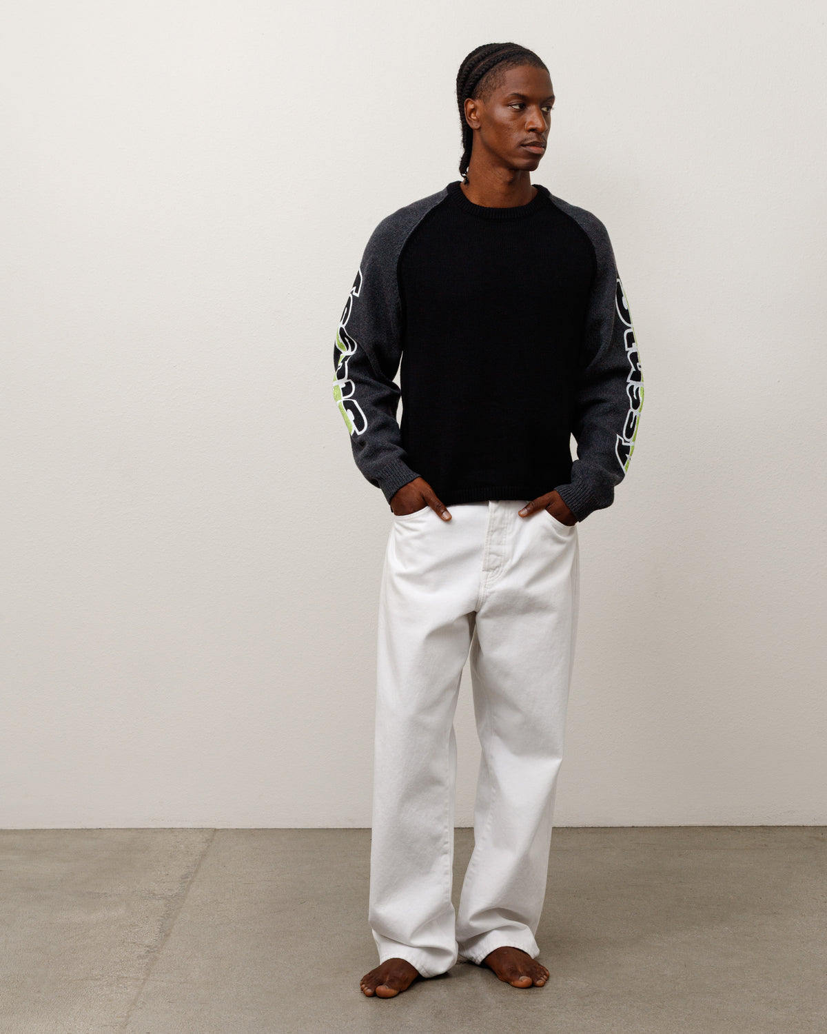Two Tone Raglan Sweater Unisex Long Sleeve In Black