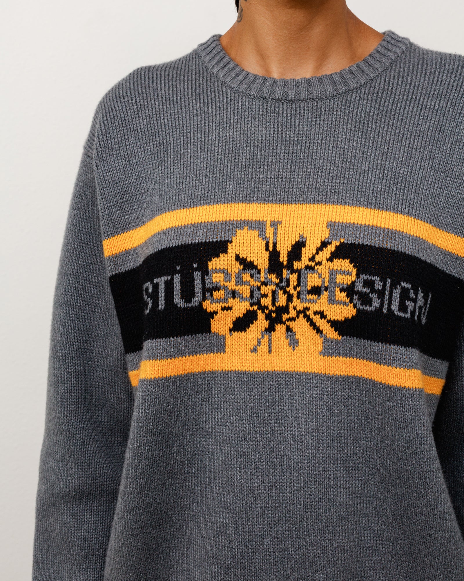 Striped Hibiscus Sweater Unisex Long Sleeve In Grey