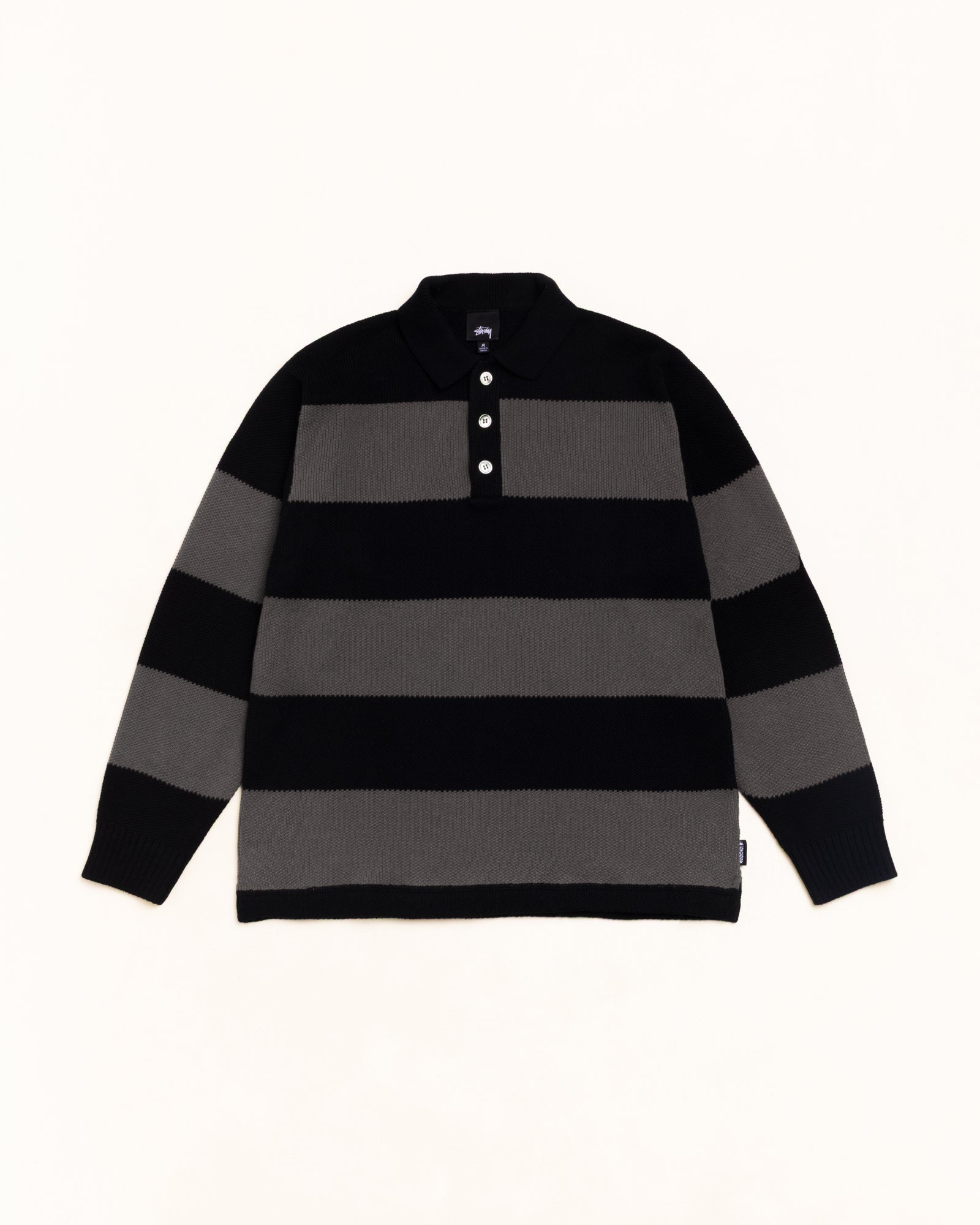 Pique Knit Stripe Rugby Unisex Long Sleeve In Black | hero:main:collection:new-arrivals,shirts,tops-shirts,all,tees,outerwear,denim,knits,accessories,sunglasses,hoodies,sweats,mens-hoodies-sweatshirts,shorts,pants,bottoms,crew-sweats,zip-ups,swim,sweatpants,graphics,lazy-tees,swim,basic-9twenty,button-ups,shorts,cargos,denim-jeans,bottoms,bags,belts,wearables,gear,footwear,button-ups,basic-tops,jerseys,big-ol,classics,slim,jackets,all, | product-card-slider