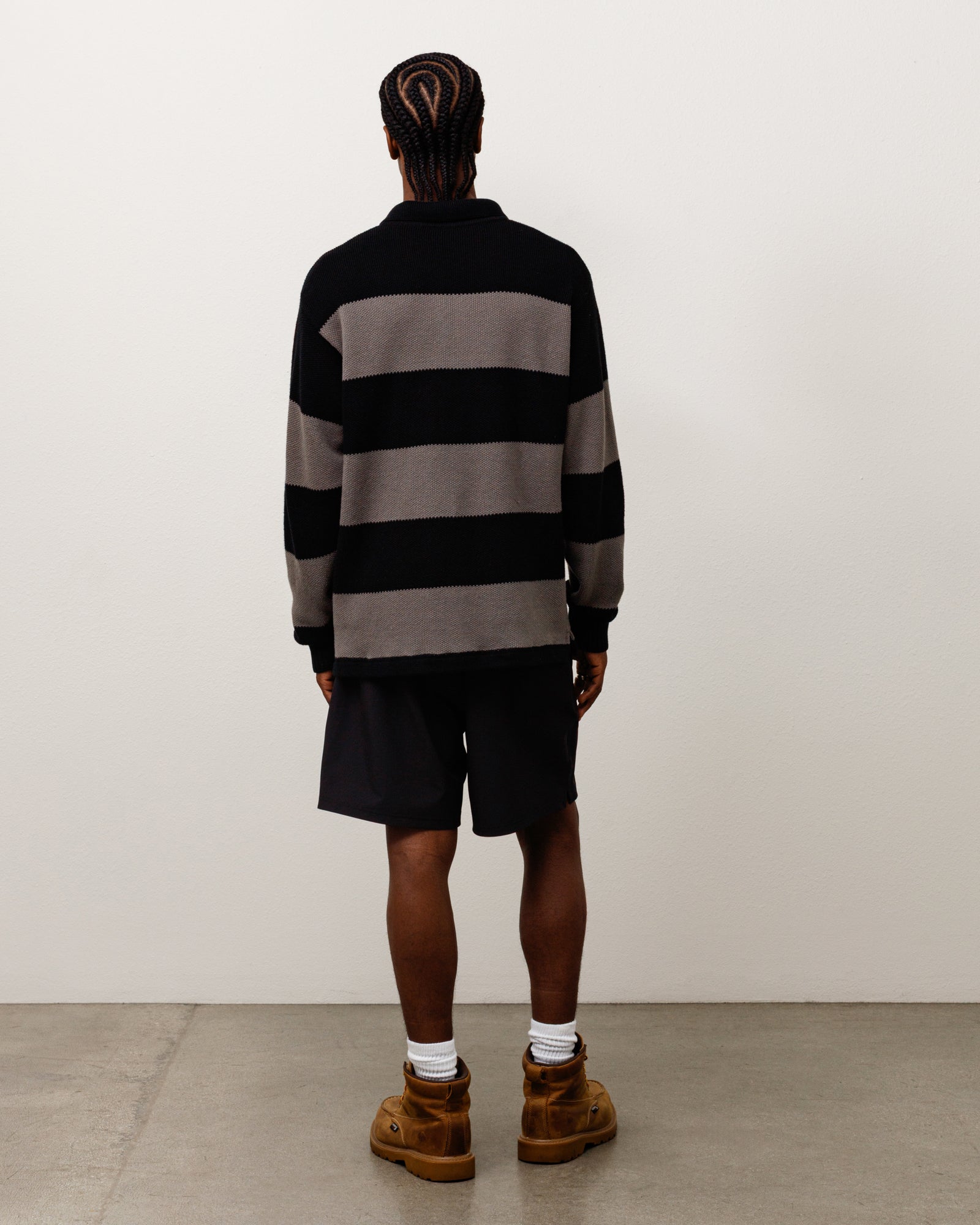 Pique Knit Stripe Rugby Unisex Long Sleeve In Black