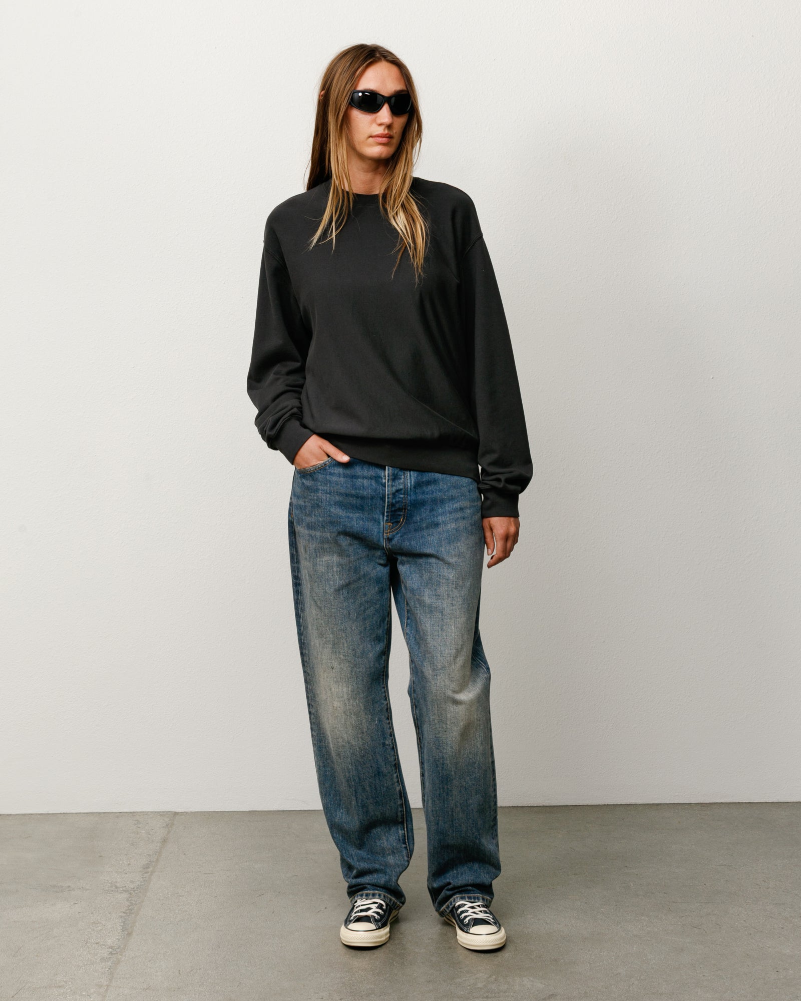 Lightweight Terry Crew Unisex Long Sleeve In Black
