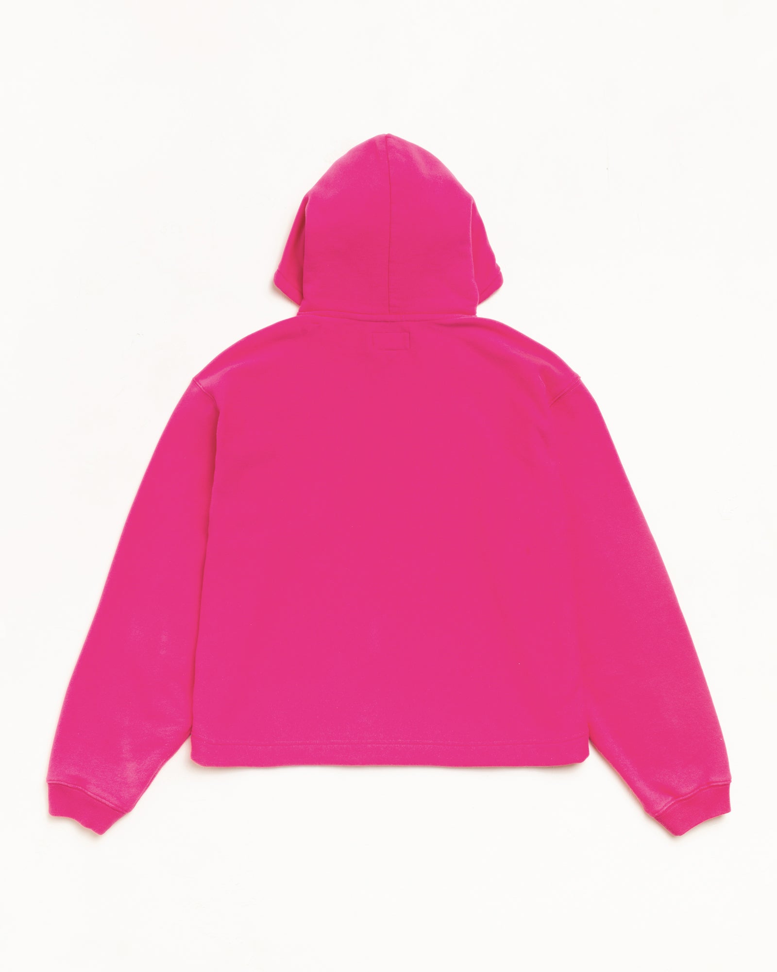 Oval Pullover Hoodie in Pink, unisex relaxed long-sleeve, back view flat lay.