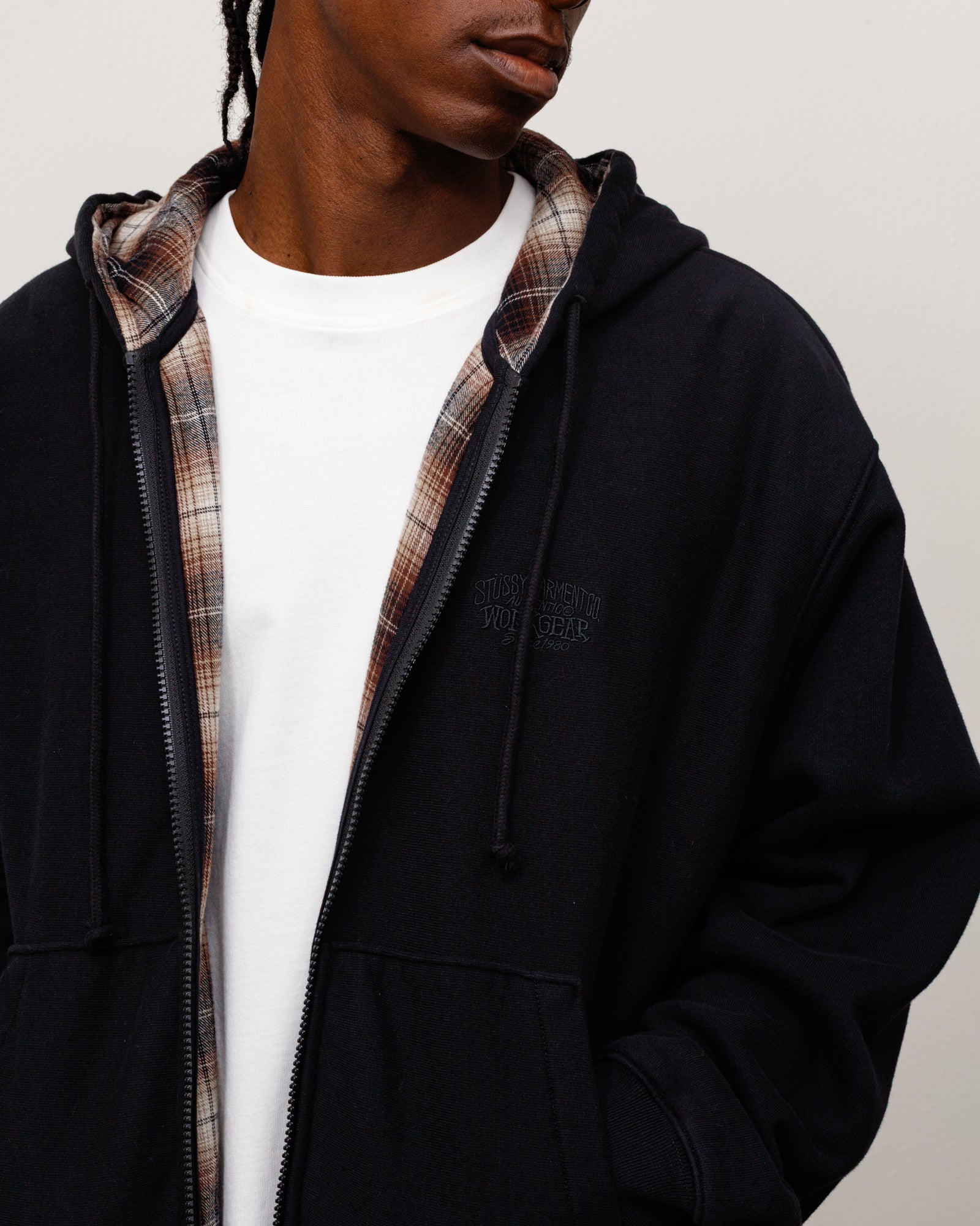 Plaid Lined Zip Hoodie - Black | Zip-up Fleece | Stüssy