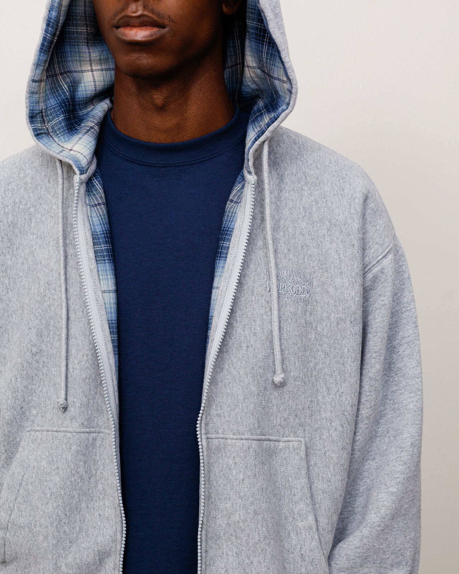 STUSSY Our Legacy ZIP HOOD ジップ パーカー グレー Plaid Lined Zip Hoodie - Grey Heather | Zip-up Fleece | Stüssy