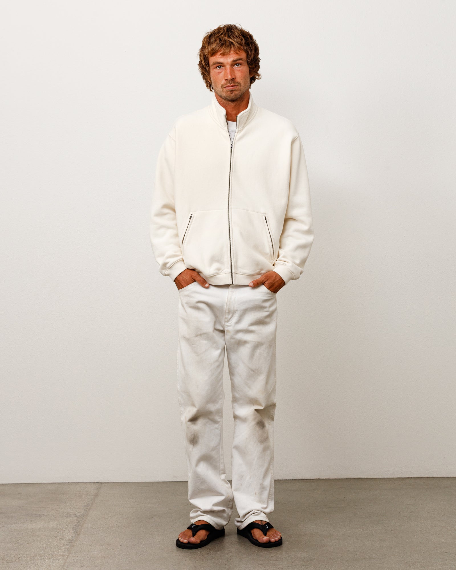 Zip Fleece Mock Neck Unisex Long Sleeve In Cream