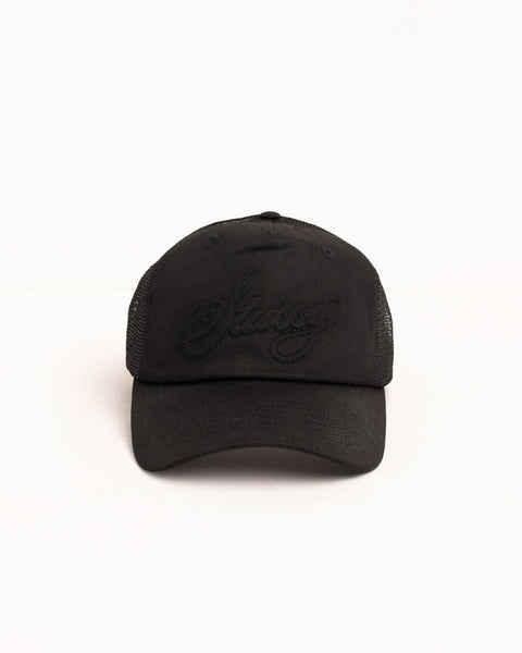 stussy CURSIVE STITCH SNAPBACK TRUCKER 黒 Waxed Cursive Stitch Snapback Trucker – Black | Headwear