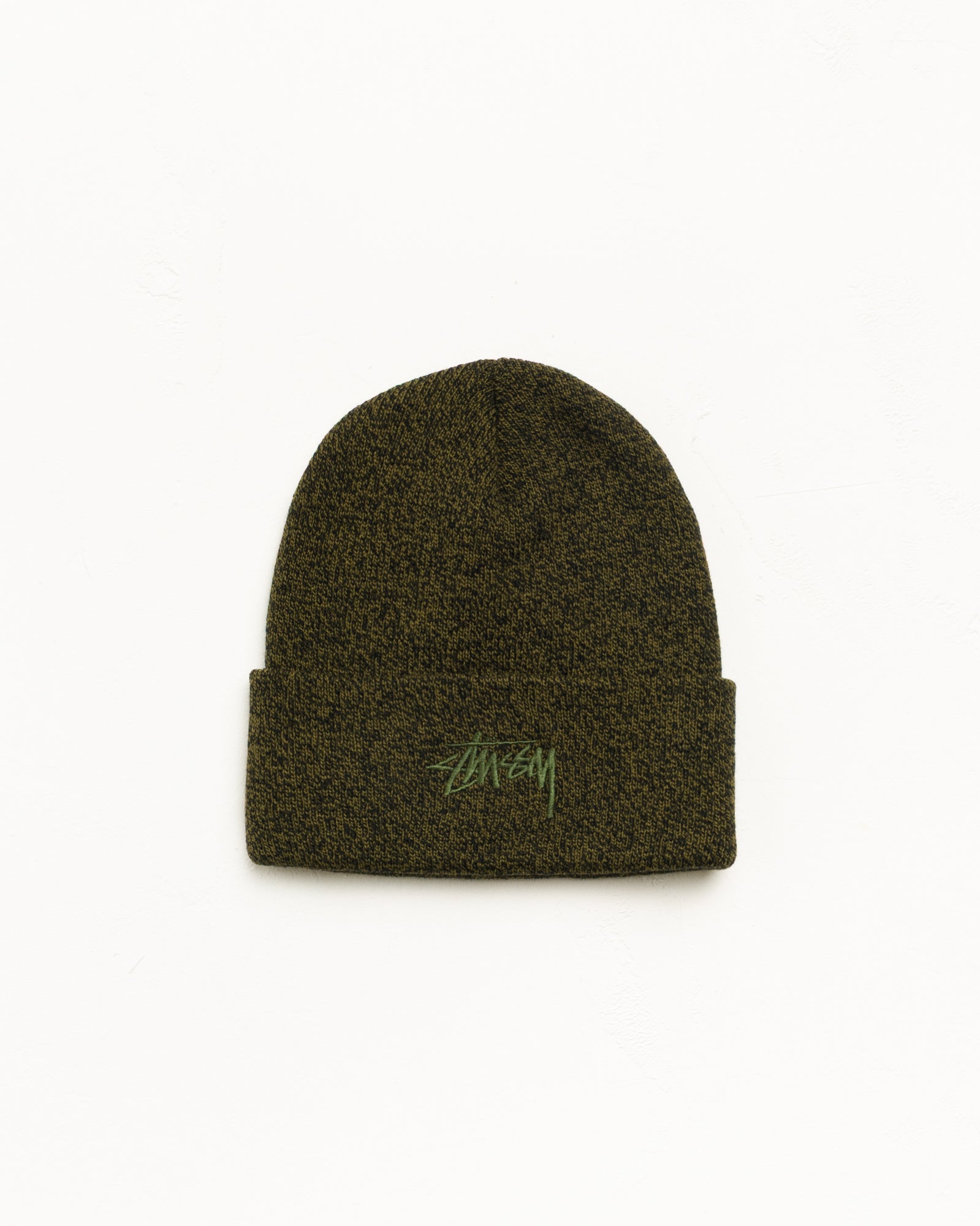 Stüssy Stock Cuff Beanie, unisex, marled olive acrylic with stock logo embroidery