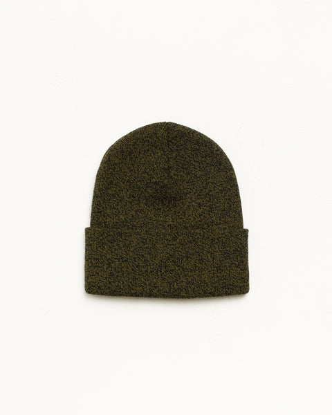 Cuff Beanie Stock Beanie in Marled Olive with Stüssy stock logo embroidery
