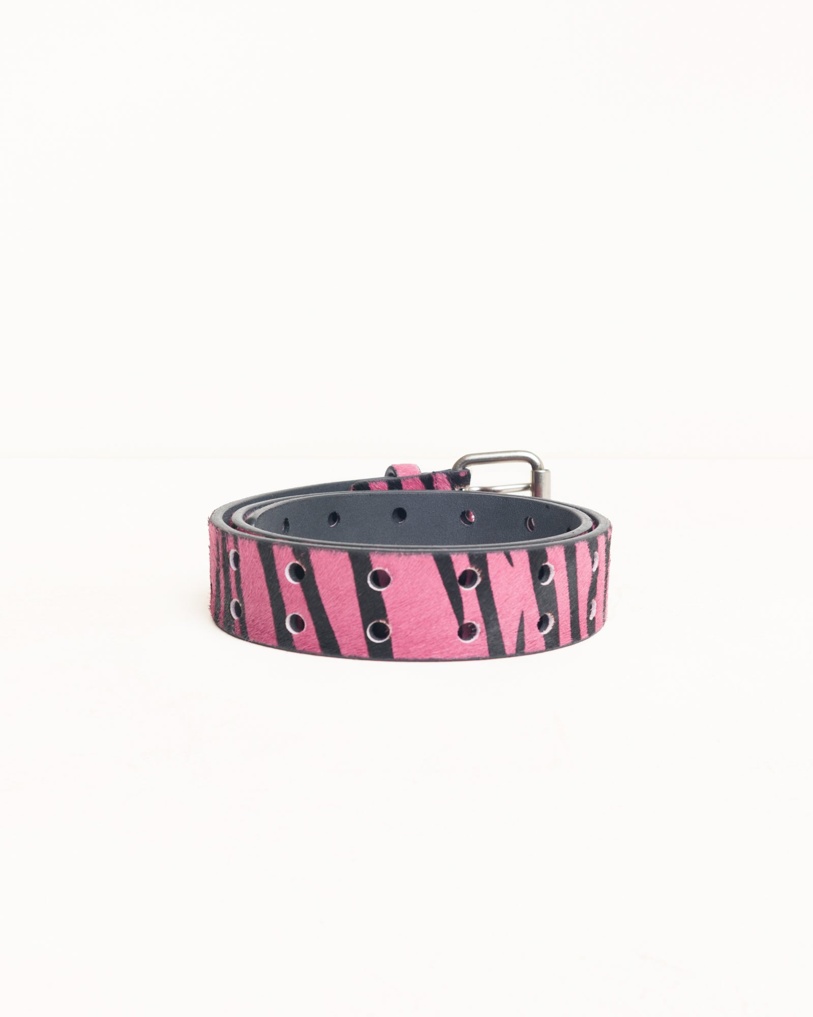 Leather Punch Out Belt Unisex In Pink Hairy Zebra Pattern