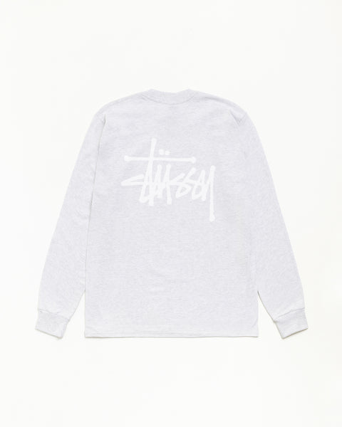 Basic Stüssy LS Tee unisex long-sleeve in Ash Heather, midweight cotton jersey