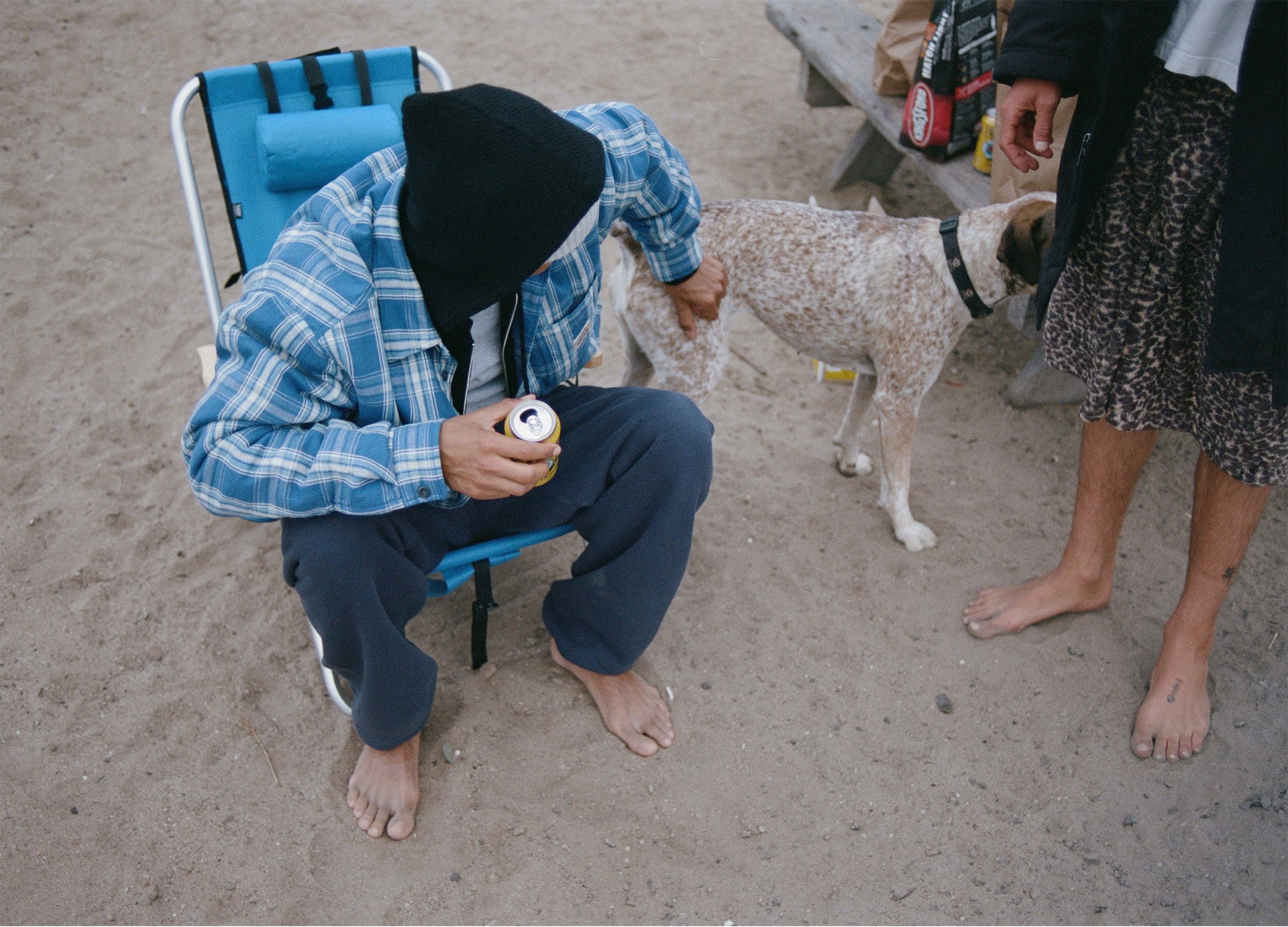 Person sitting on a beach chair with a dog and another person in the background