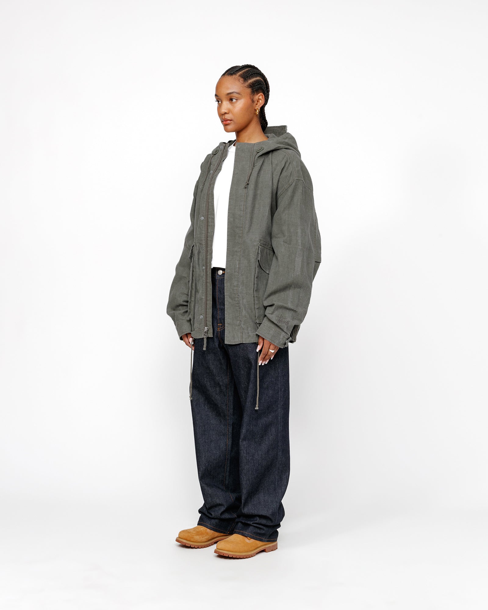 STUSSY SHORT PARKA WAXED LINEN OLIVE OUTERWEAR