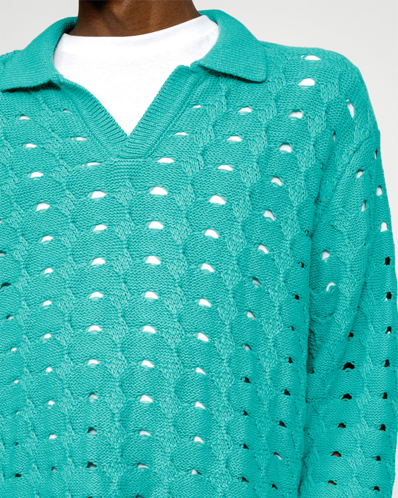 OPEN KNIT COLLARED SWEATER TEAL SWEATER