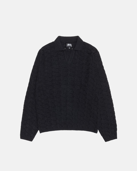 OPEN KNIT COLLARED SWEATER WASHED BLACK SWEATER