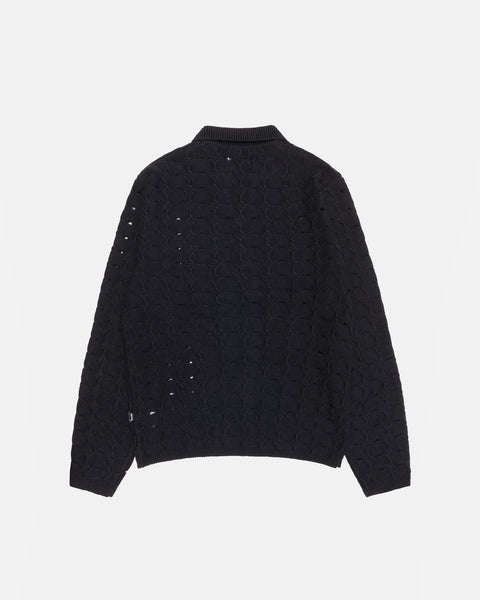 OPEN KNIT COLLARED SWEATER WASHED BLACK SWEATER